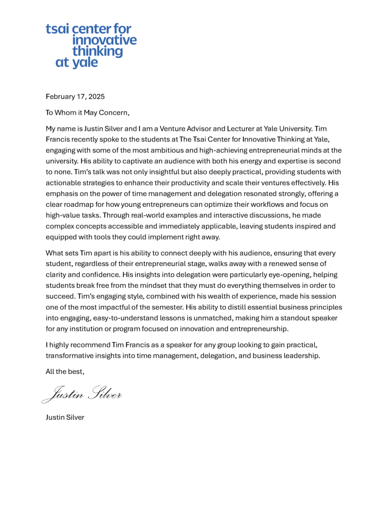 Recommendation letter for Tim Francis — Yale University, 2025